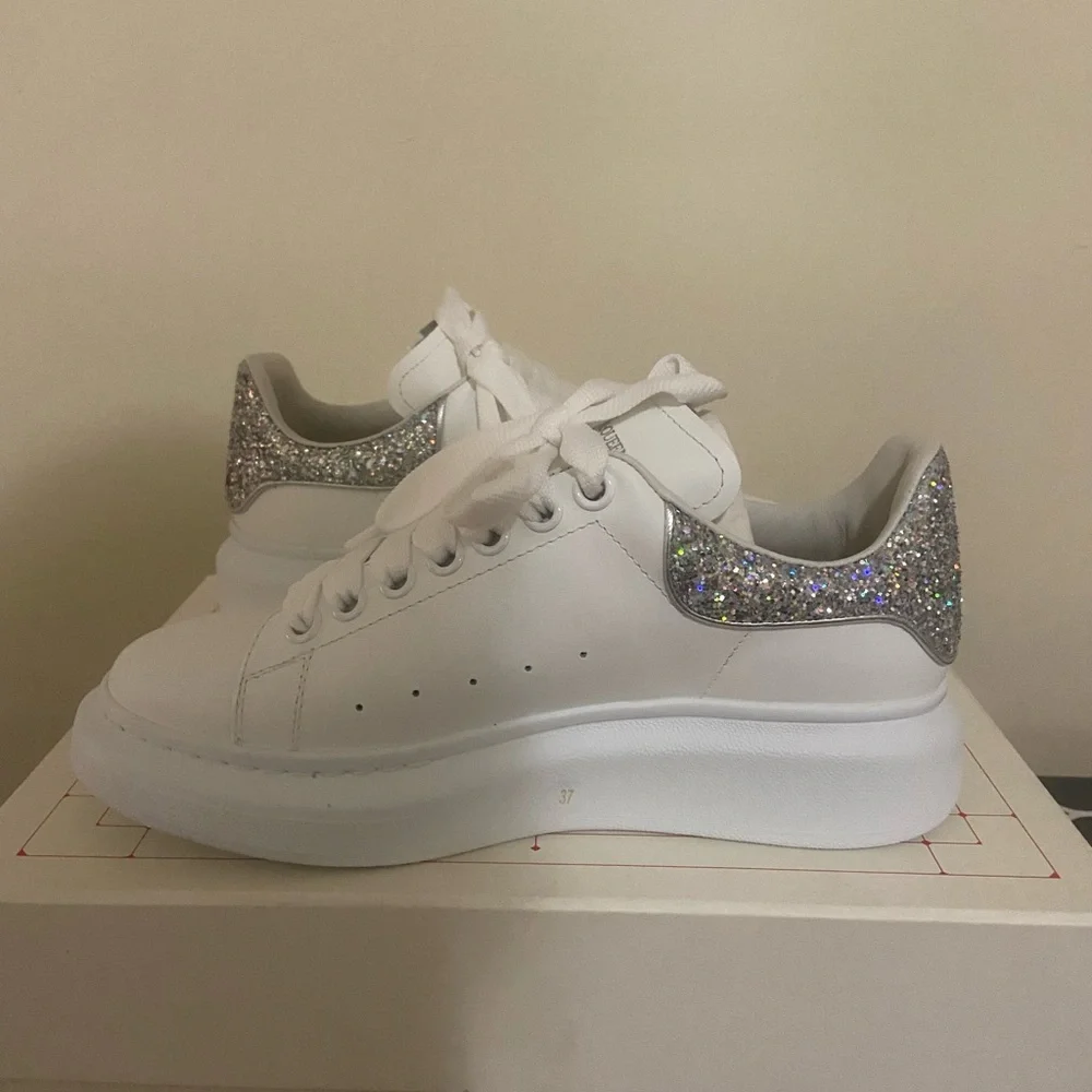 Alexander McQueen White Sneakers with Silver Glitter Heel